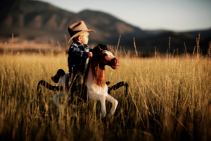 Petit garçon déguisé en cowboy sur un cheval